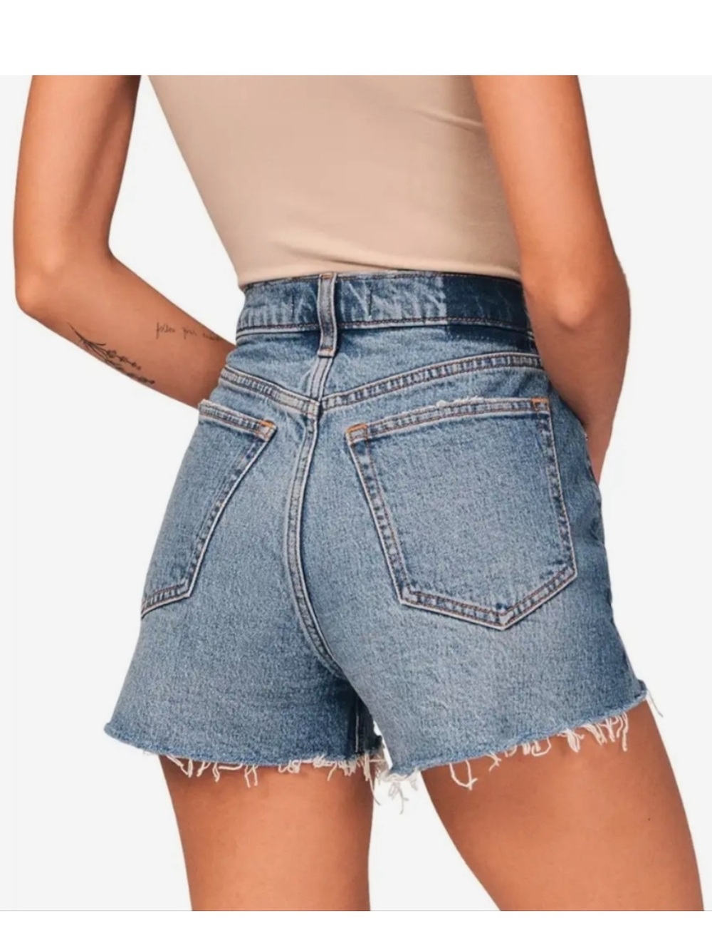 Abercrombie & Fitch Distressed Mid-Blue Denim Cutoff Shorts mom shorts